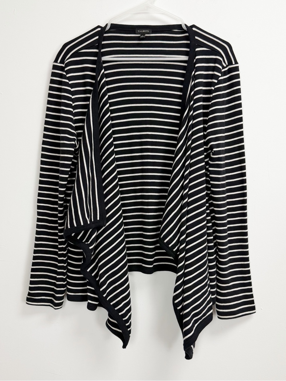 Talbots Sweater Womens Large Black White Striped Open Front Drape Cardigan Knit